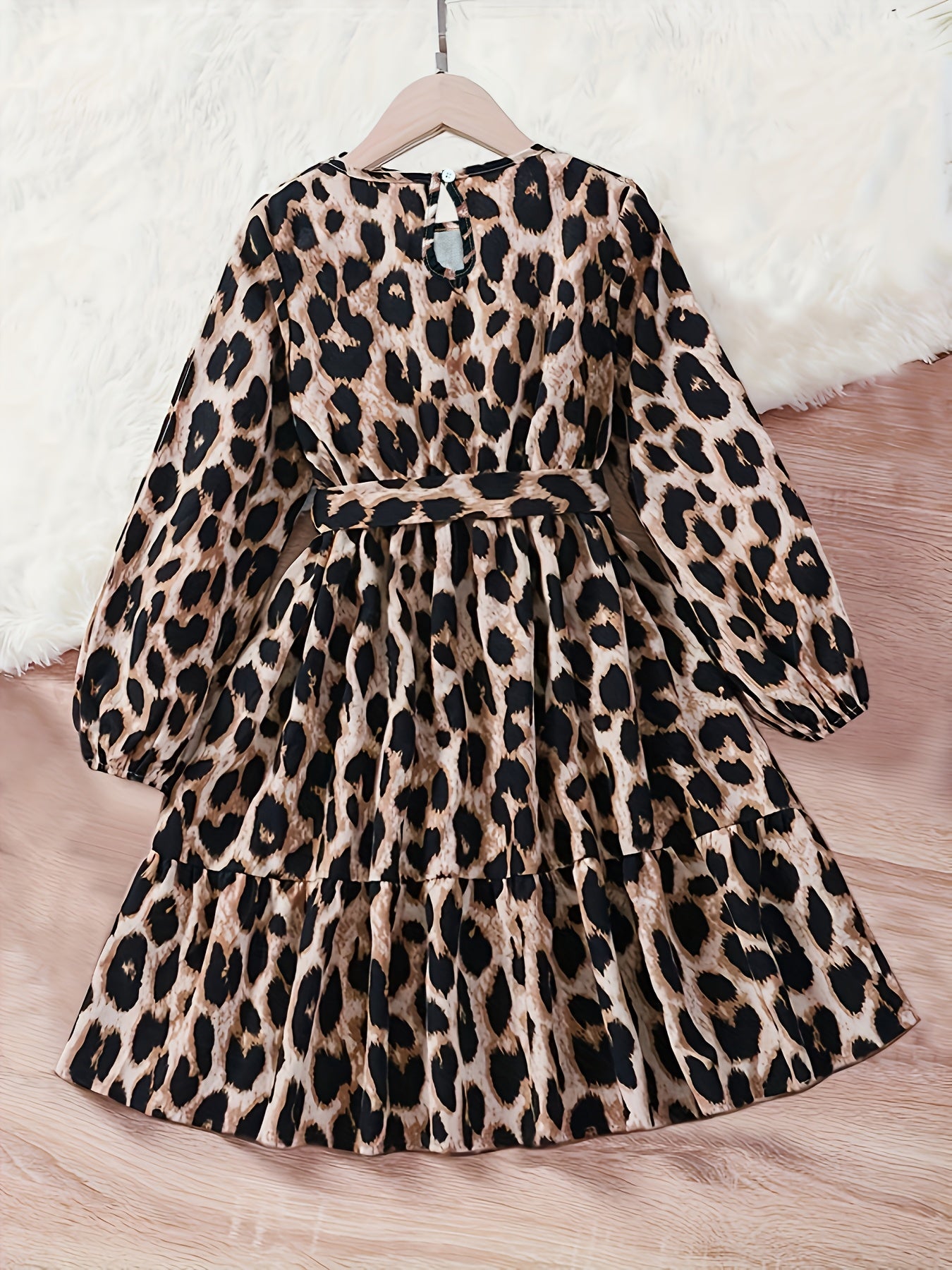 Girls Leopard Print Dress with Bow Belt for Party or Gift