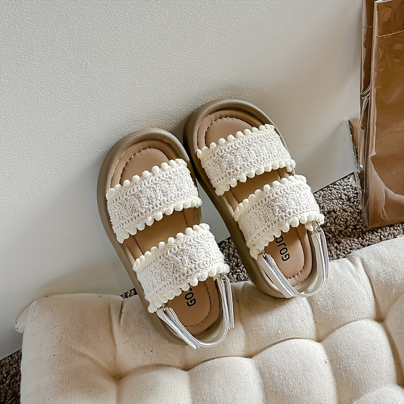 Летние пляжные сандалии для девочек, однотонный цвет, ткань, резина, низкий ход, круглый носок, застежка на липучке для отдыха на природе