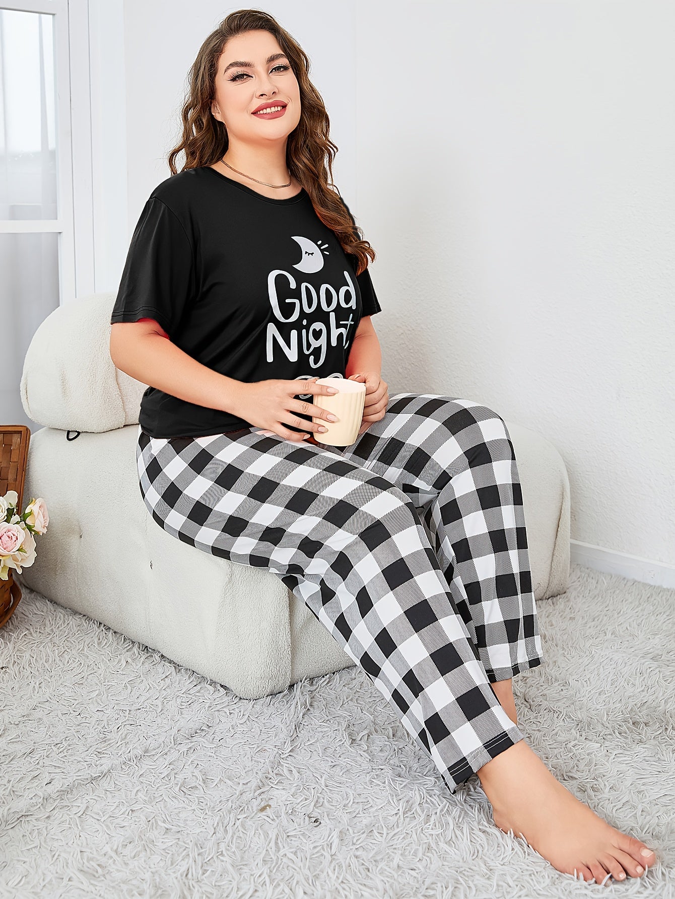 Plus Size Casual Loungewear Set Women's Short Sleeve Top Gingham Pants