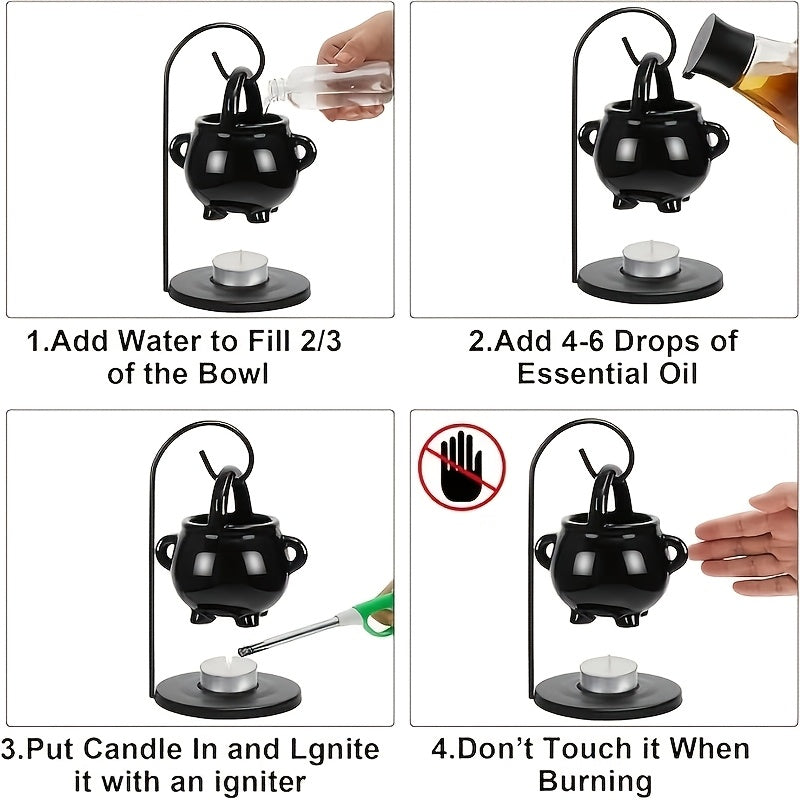 Black Ceramic Oil Burner with Iron Holder and Tealight Candle Holder for Aromatherapy and Home Decor