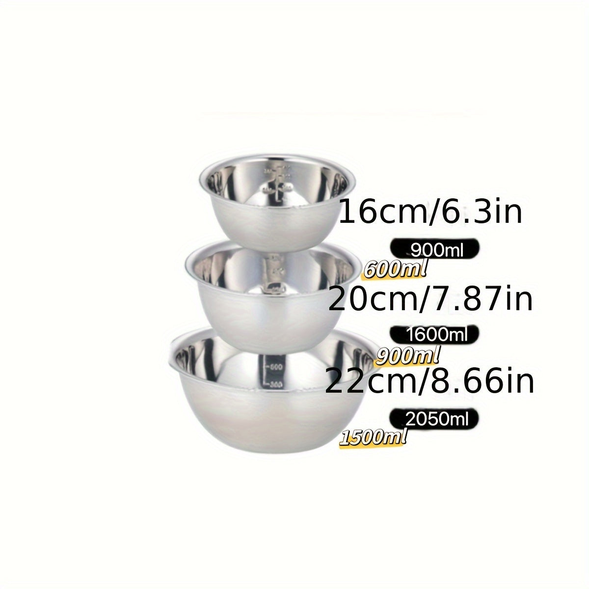 Set of 3 Stainless Steel Mixing Bowls with Scales for Cooking Baking and Meal Prep