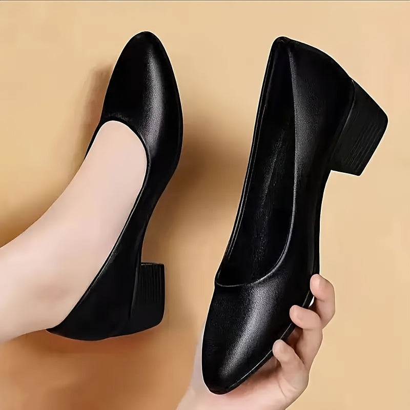 Women's Chunky Heel Shoes Mid-Heel Flats Casual Comfortable Black Leather