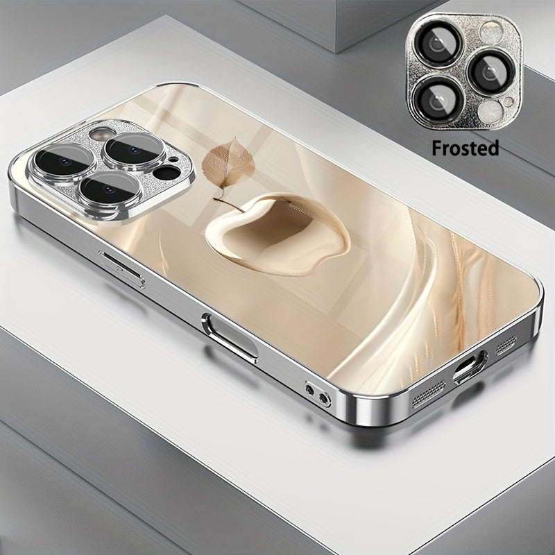 Golden Crystal Apple Pattern Glass Phone Case with Lens Protection for iPhone Models