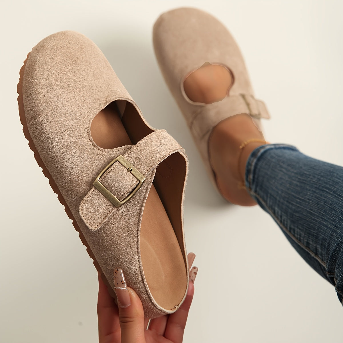 Women’s Slip-On Mules with Thick Sole Soft Fabric Beige Brown Casual Footwear