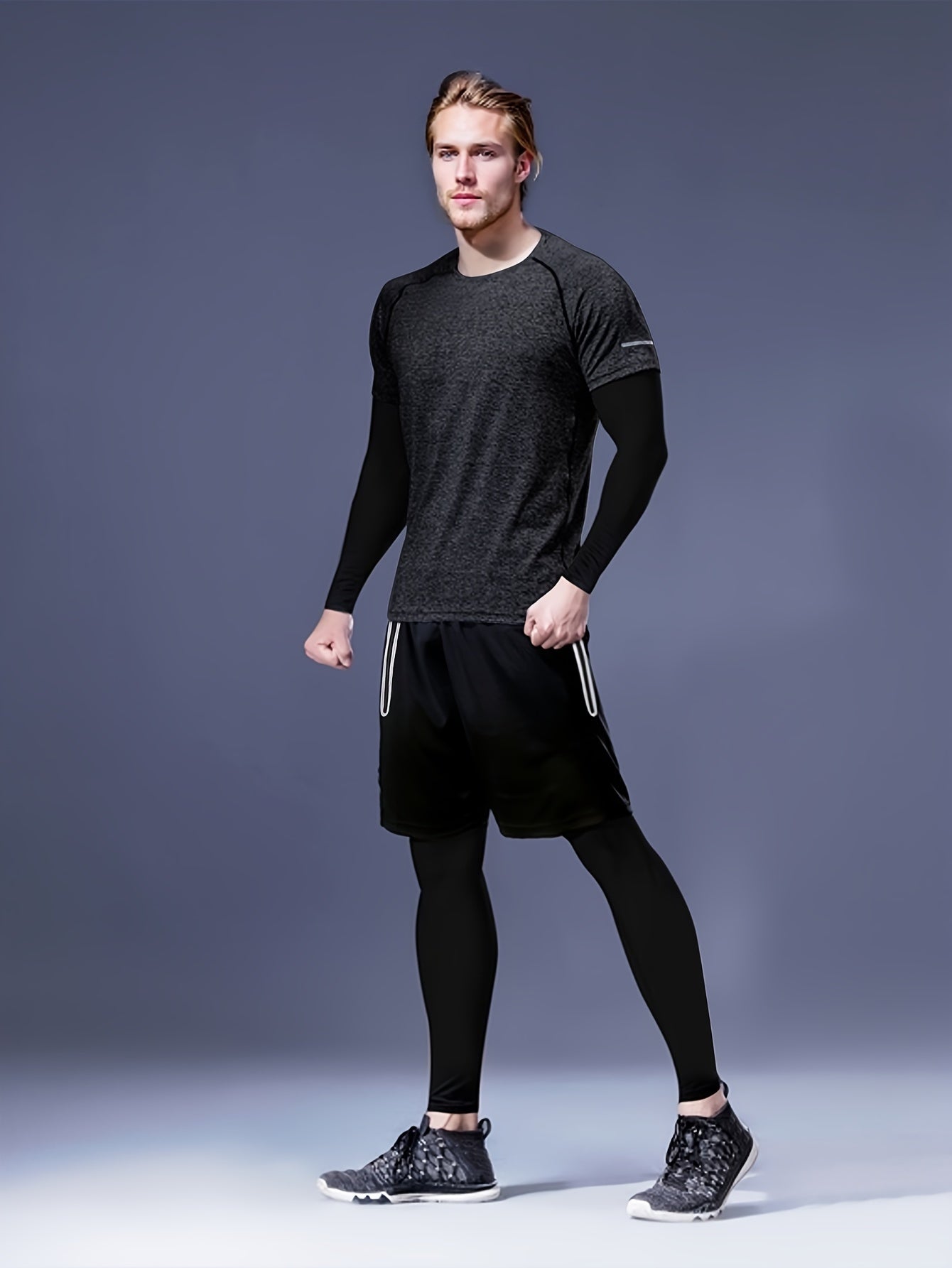Men's 4-Piece Sports Set Long-Sleeve T-Shirt Pants Shorts for Autumn Basketball Fitness