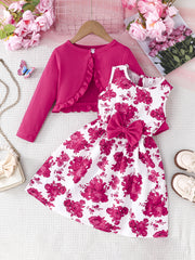 Girls' Floral Sleeveless A-Line Dress Set with Cardigan Polyester Blend Spring Fall Casual