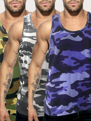 Uchta Katta O'lchamdagi Erkaklar uchun Kamuflyaj Tank Toplar 100% Polyester Tez Quriydigan matodan tayyorlangan, Sport zalida, Badan tarbiyasi, Fitnes, Plyaj, Yugurish, Mashg'ulotlar uchun.