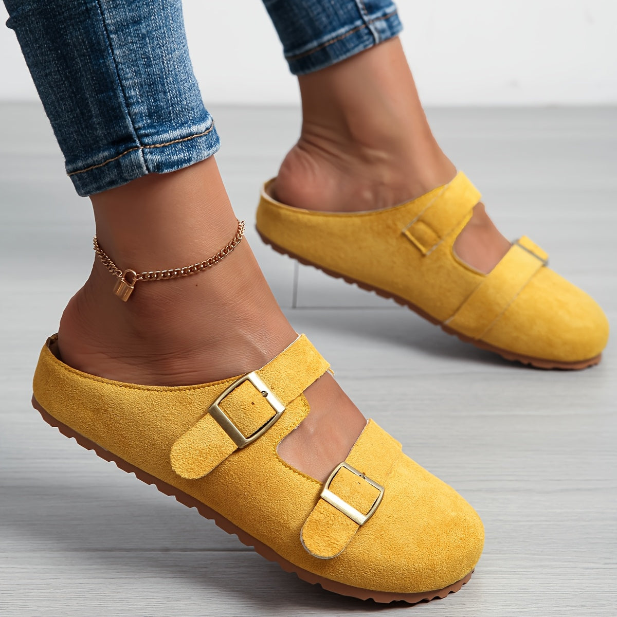 Women's Pink Slip-On Mules with EVA Sole and Gold Buckle Straps