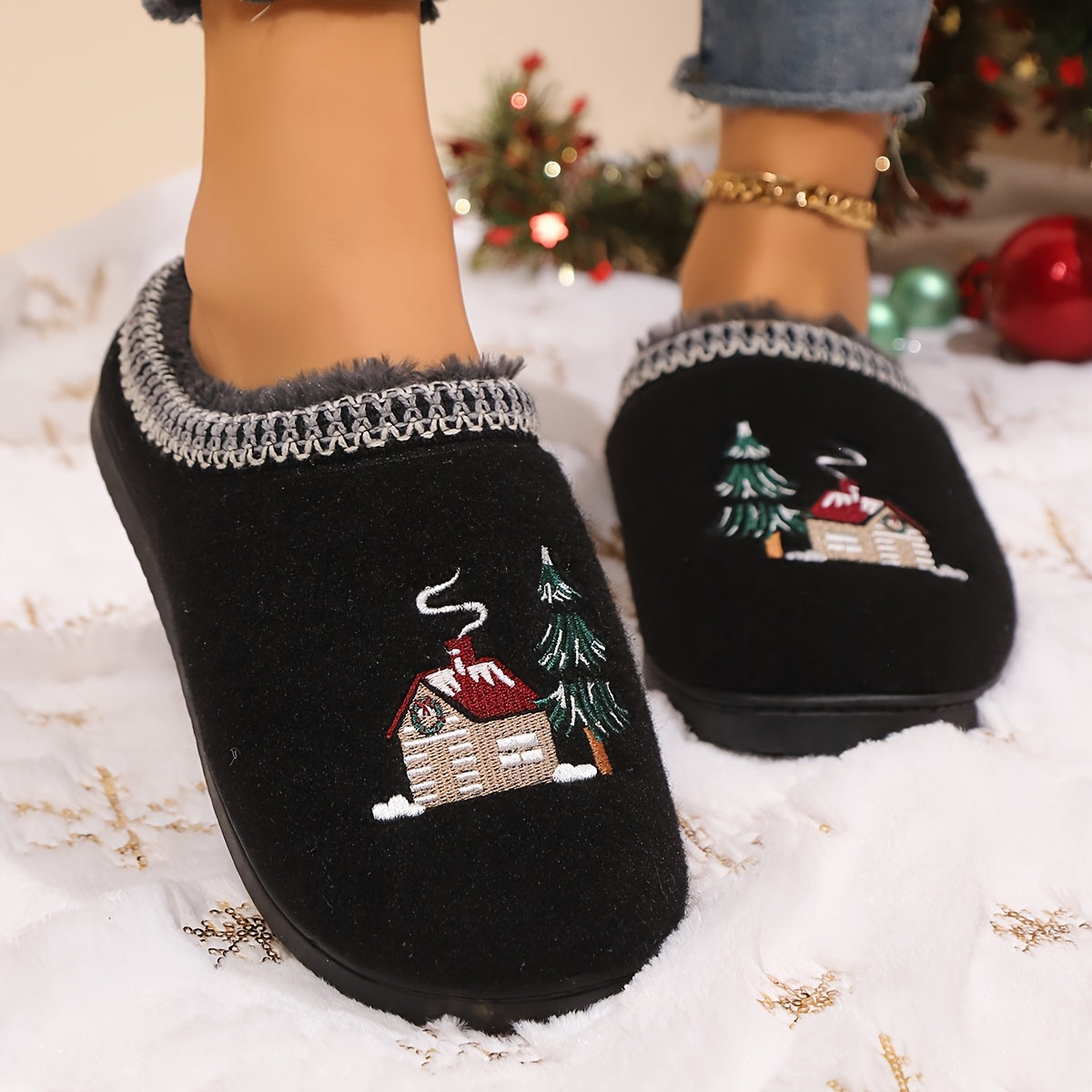 Women's Winter Embroidered Warm Indoor Slippers Comfortable