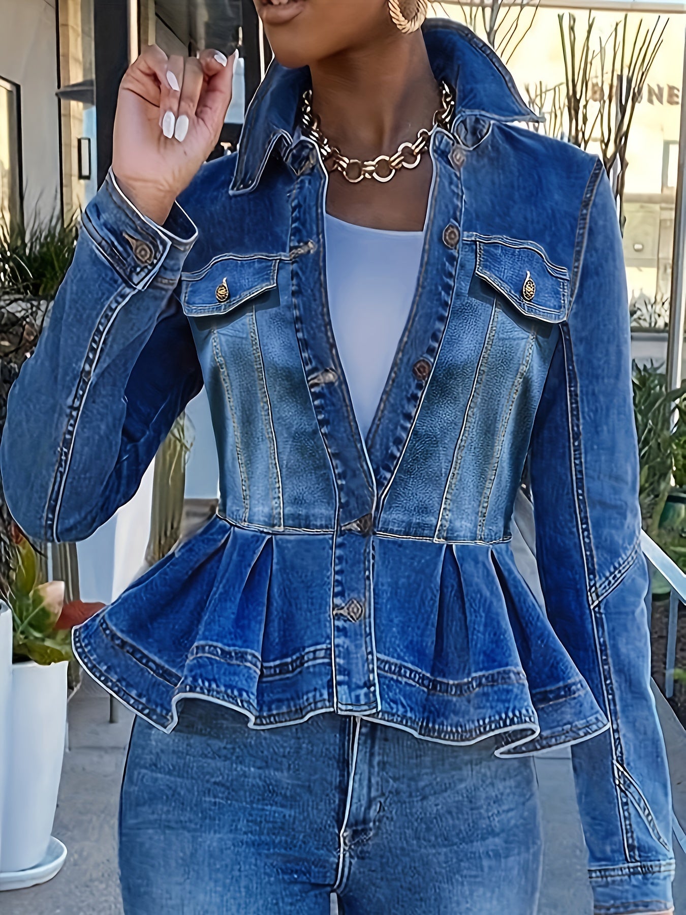 Women's Plus Size Denim Jacket Ruffle Hem Washed Blue Lightweight