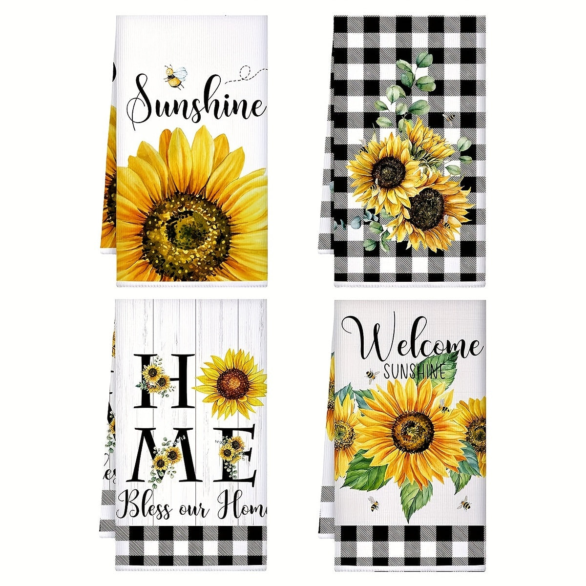Set of 4 Sunflower Printed Microfiber Dish Towels for Kitchen Cleaning and Decoration