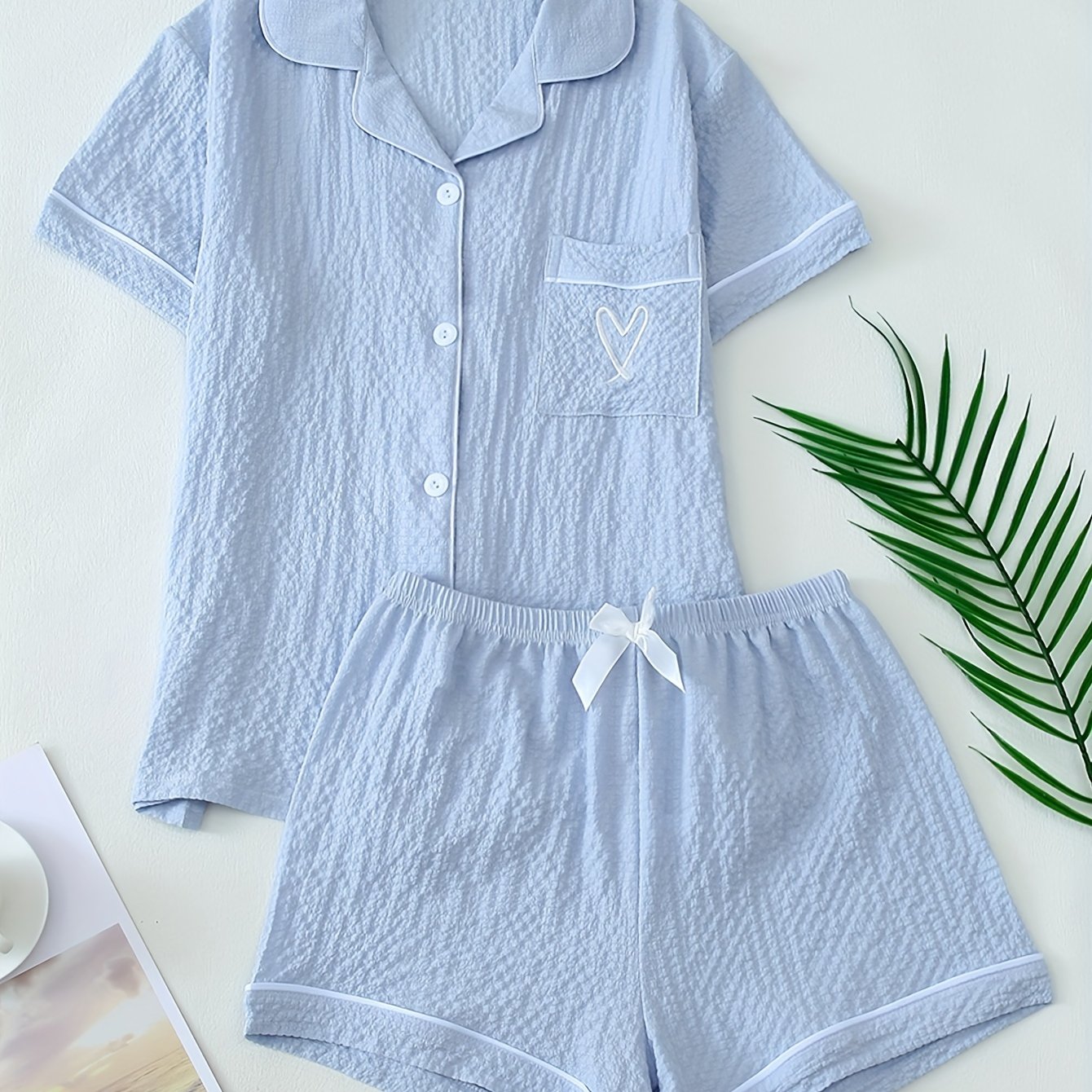 Women's Light Blue Heart Embroidery Pajama Set Short Sleeve Top and Shorts Sleepwear
