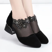 Women's Mesh Rhinestone Block Heel Zipper Dress Shoes