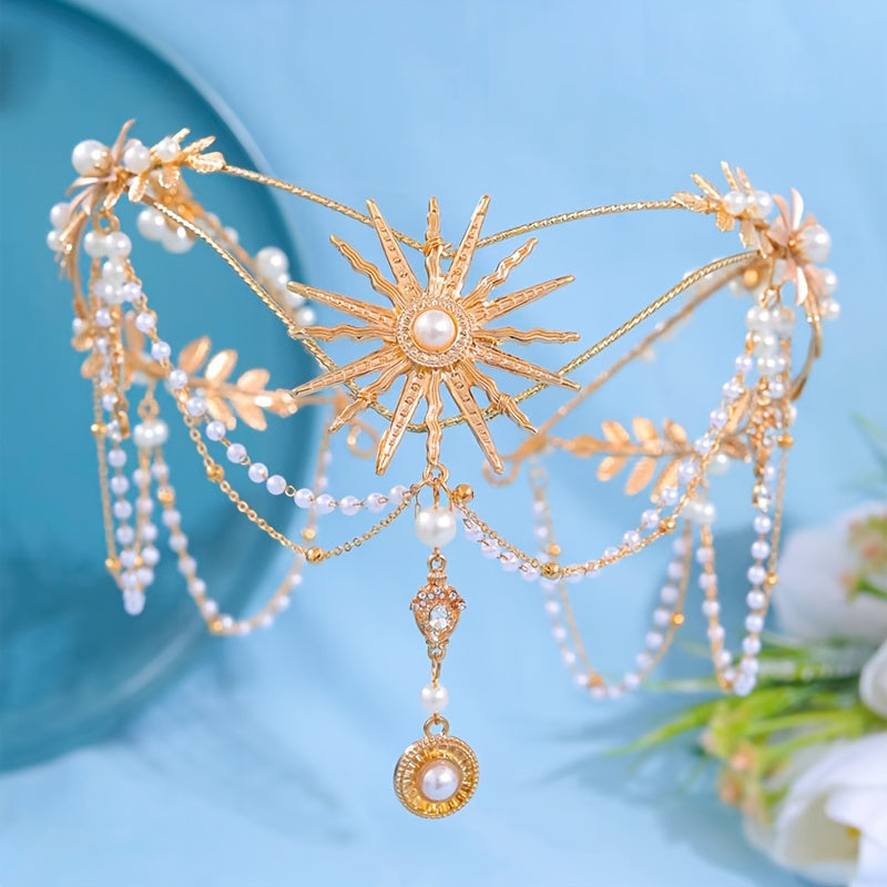 Qoʻlda tayyorlangan marjonli quyosh nuri bilan bezatilgan taqdirlar uchun quyosh gul va barg motivlari bilan taxt