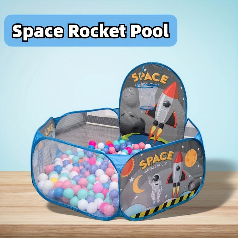 Bolalar uchun ko‘k polyester kosmik mavzuli to‘p o‘yin maydonchasi chodiri, ichki o‘yin uchun, yig‘iladigan va portativ