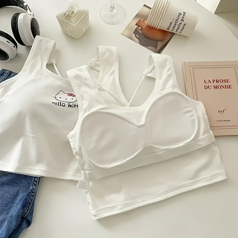 Anime-Themed Cotton Sleeveless Cropped Top for Women White with Pink Hello Kitty Design