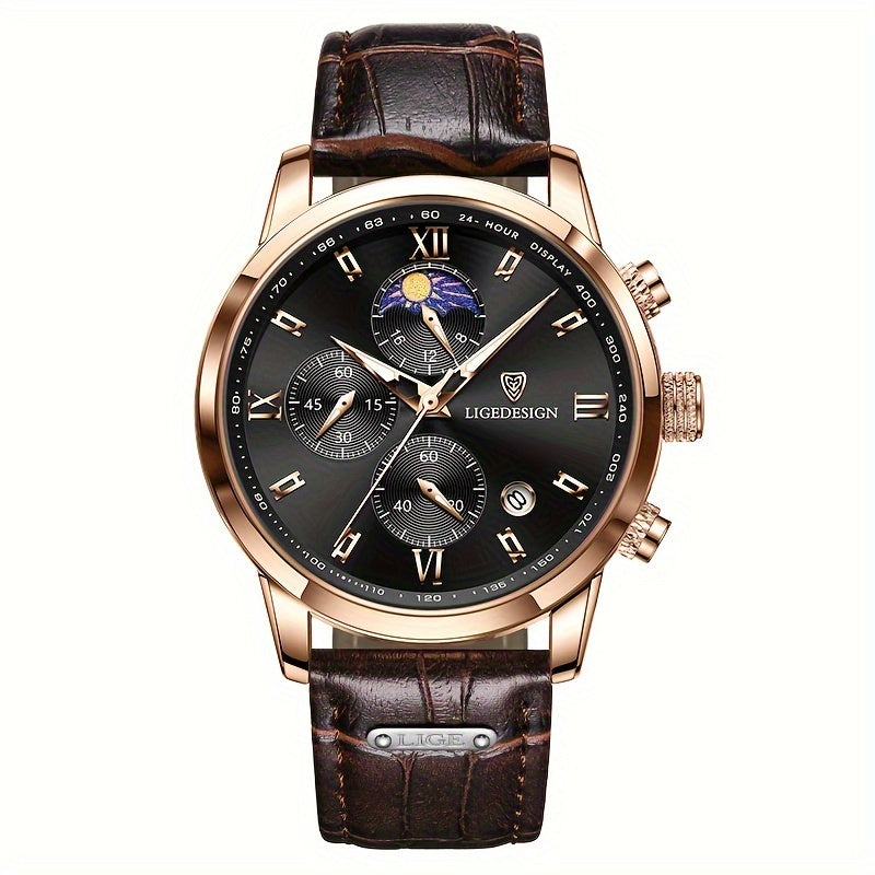 Men's PU Leather Sport Quartz Wristwatch with Chronograph for Men