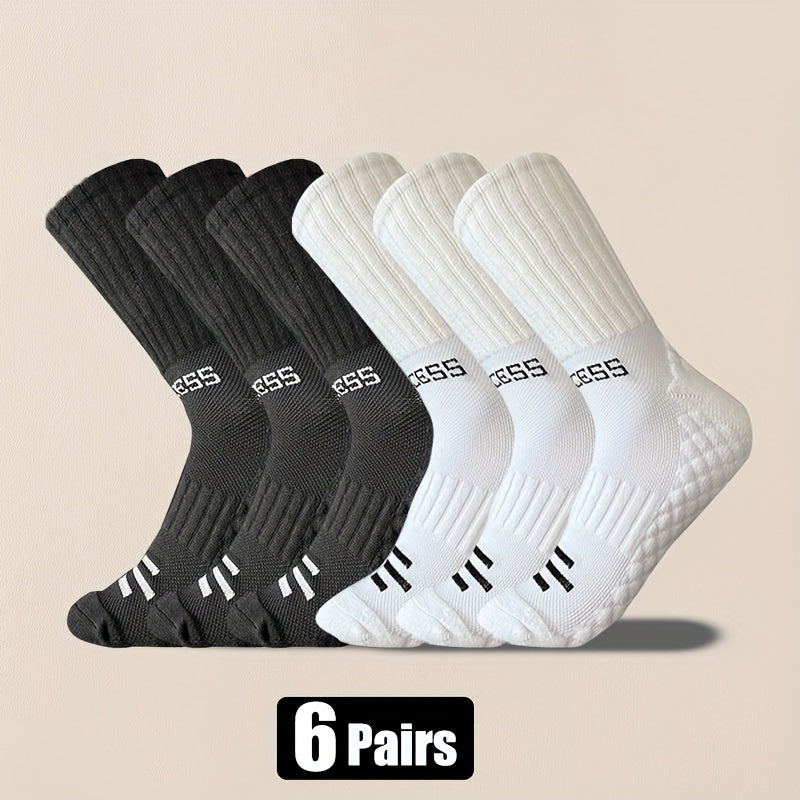 6-Pack Athletic Crew Socks Non-Slip Grip Moisture-Wicking Polyester Elastane for Basketball Running Hiking Cycling