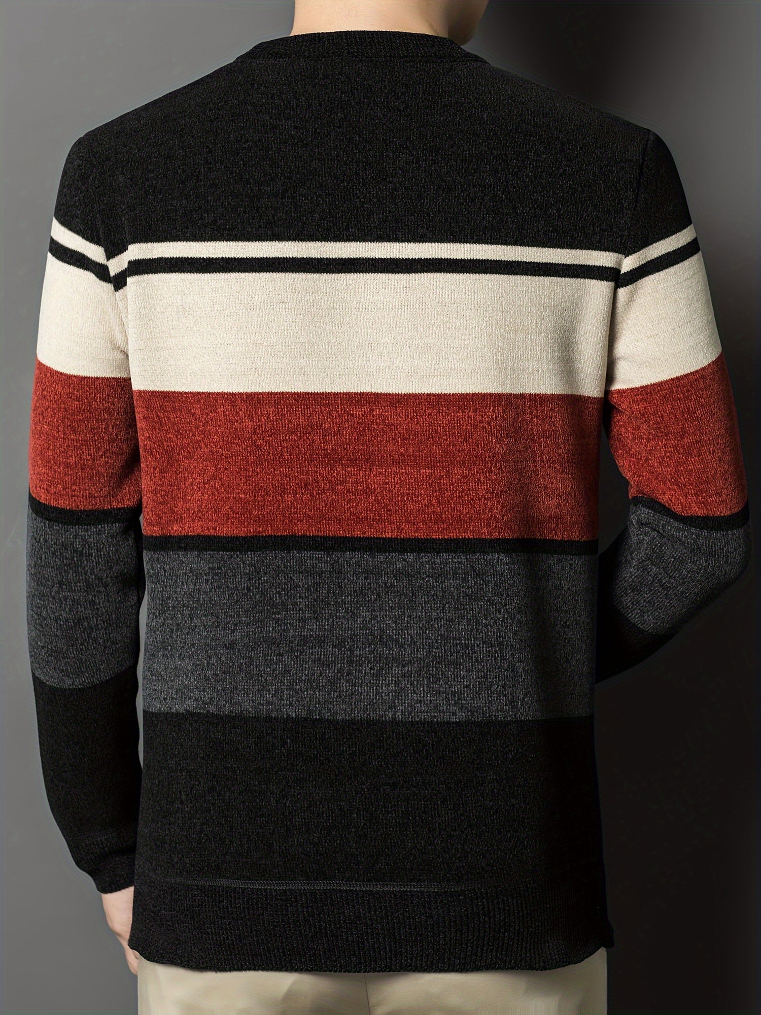 Men's Winter Crew Neck Sweater with Striped Letter Pattern Thick Polyester Casual Knit Pullover