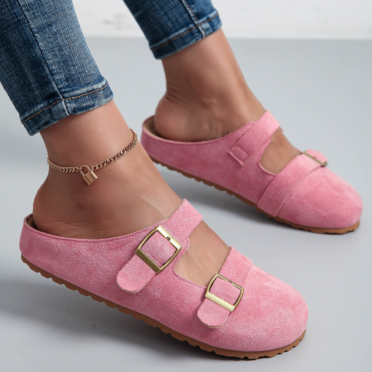 Women Pink Faux Cover Slip-On Loafers with Gold Buckle and Platform Sole