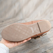 Women's Faux Leather Mid-Rise Boots with Pleated Side Buckle and Round Toe