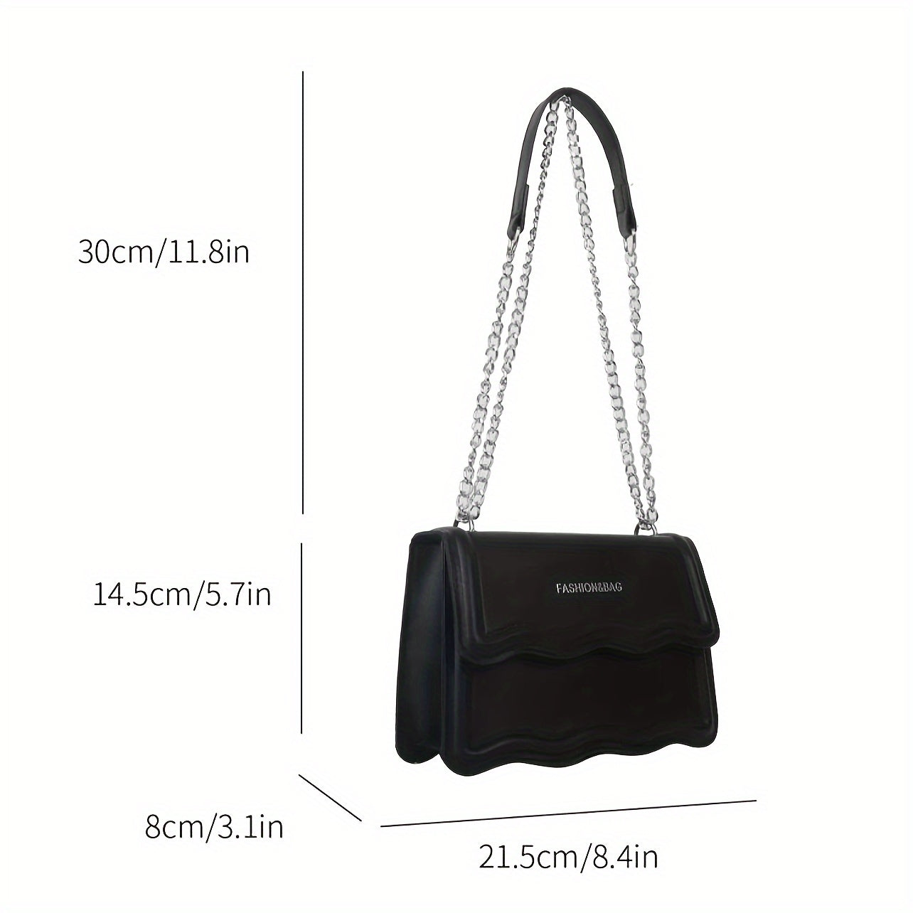 Small Square PU Crossbody Bag with Scallop Detail and Chain Shoulder Strap
