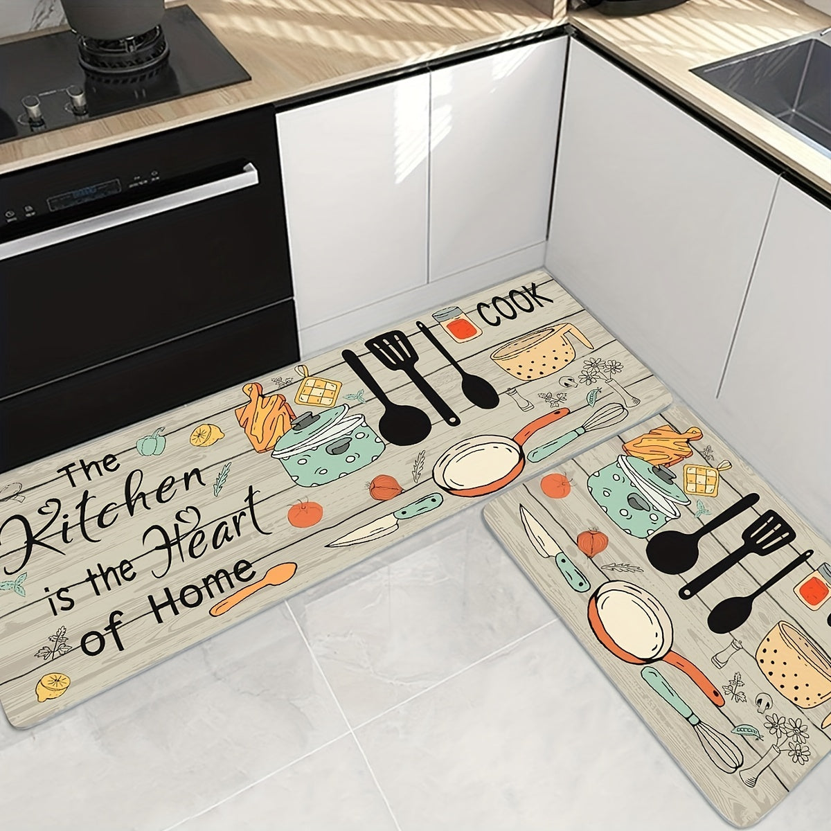 Alfombra moderna de poliéster para cocina con gráficos de cubiertos y letras, lavable a máquina, alfombra rectangular para el suelo para cocina y decoración del hogar
