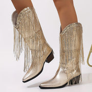 Women's Solid Color Western Cowboy Boots with Tassels and Chunky Heels