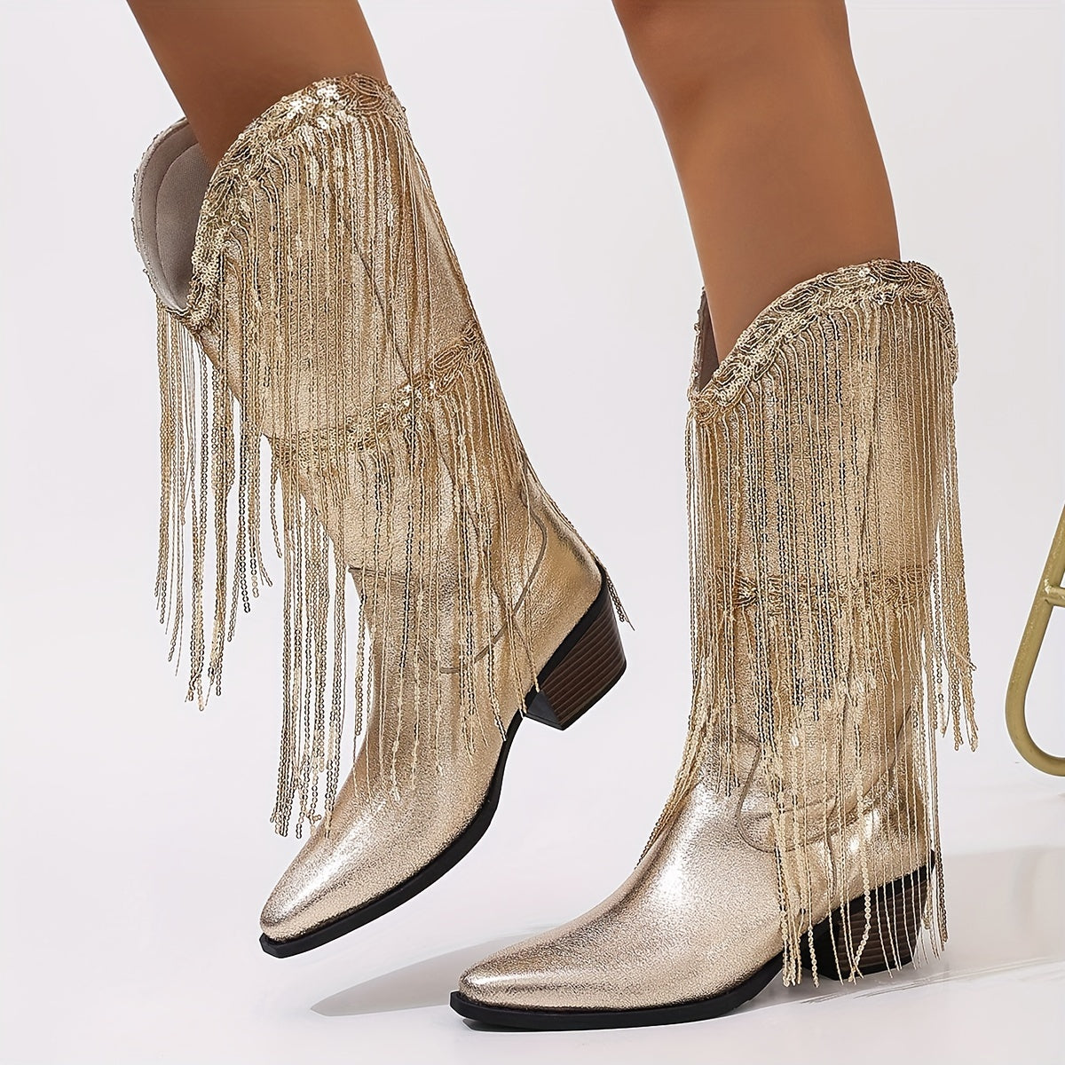Women's Solid Color Western Cowboy Boots with Tassels and Chunky Heels