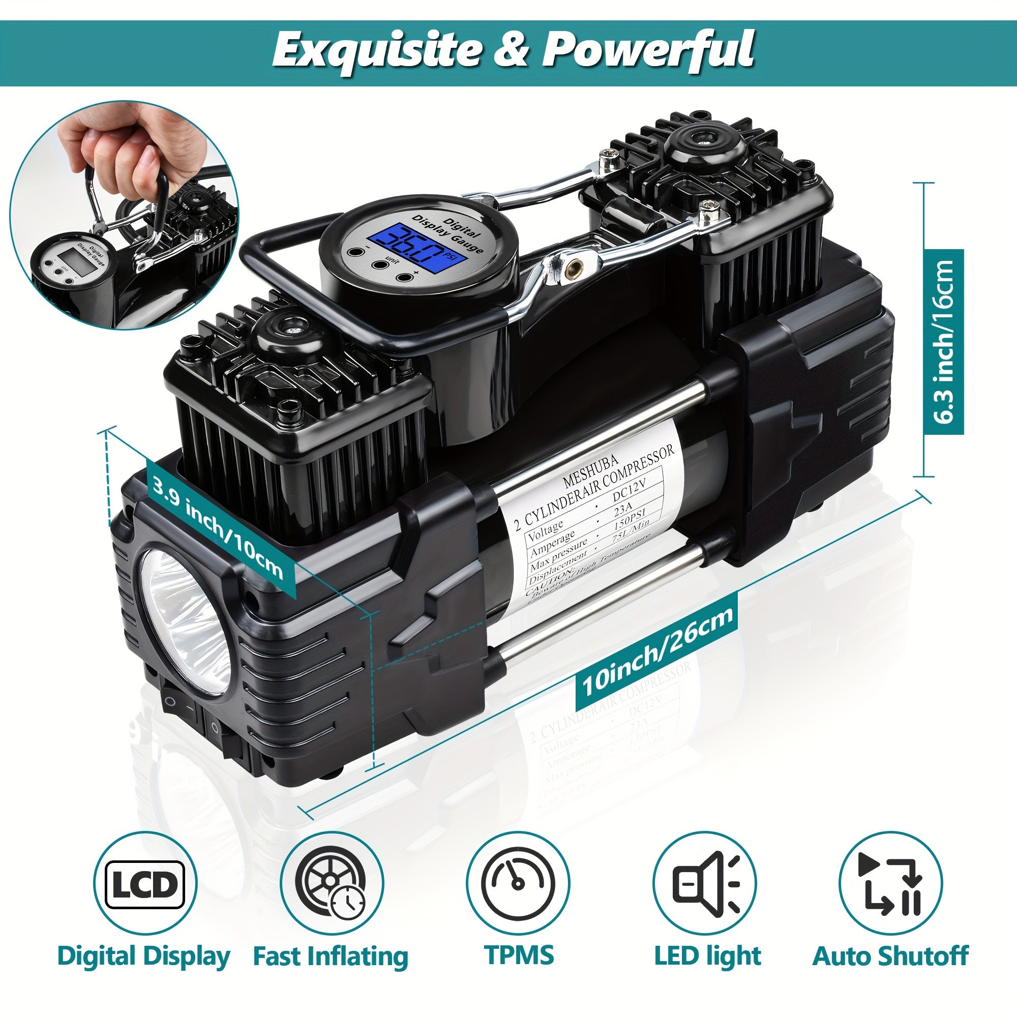 Twin Cylinder Portable Air Compressor with Digital Gauge and LED Light 12V 150 PSI