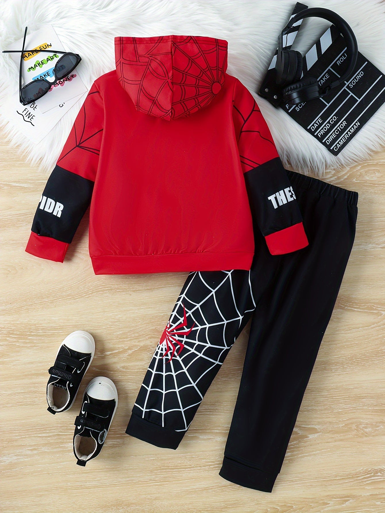 Boy's Spider Print Hooded Outfit Set Web Pattern Spring Fall 2pcs