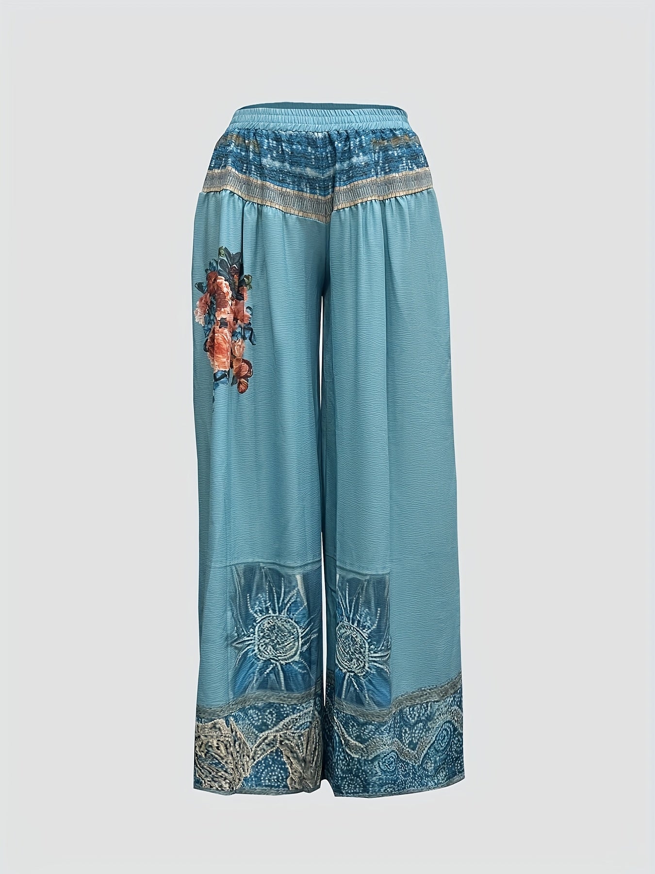 Plus Size Women's Wide-Leg Floral Embroidered Pants Polyester Stretch Waist