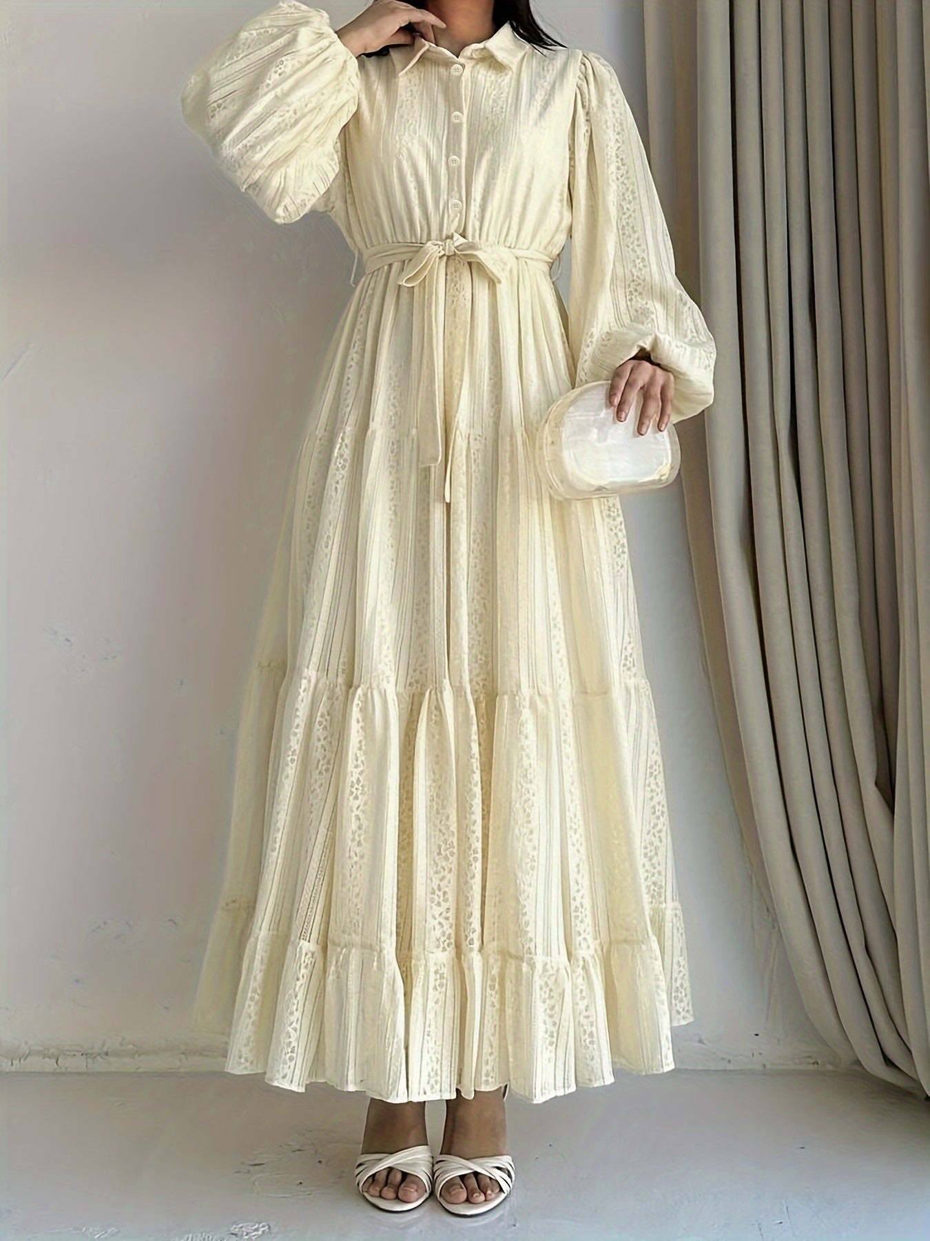 Women's Long Robe Dress with Lace Collar Solid Color Polyester Spandex All Seasons