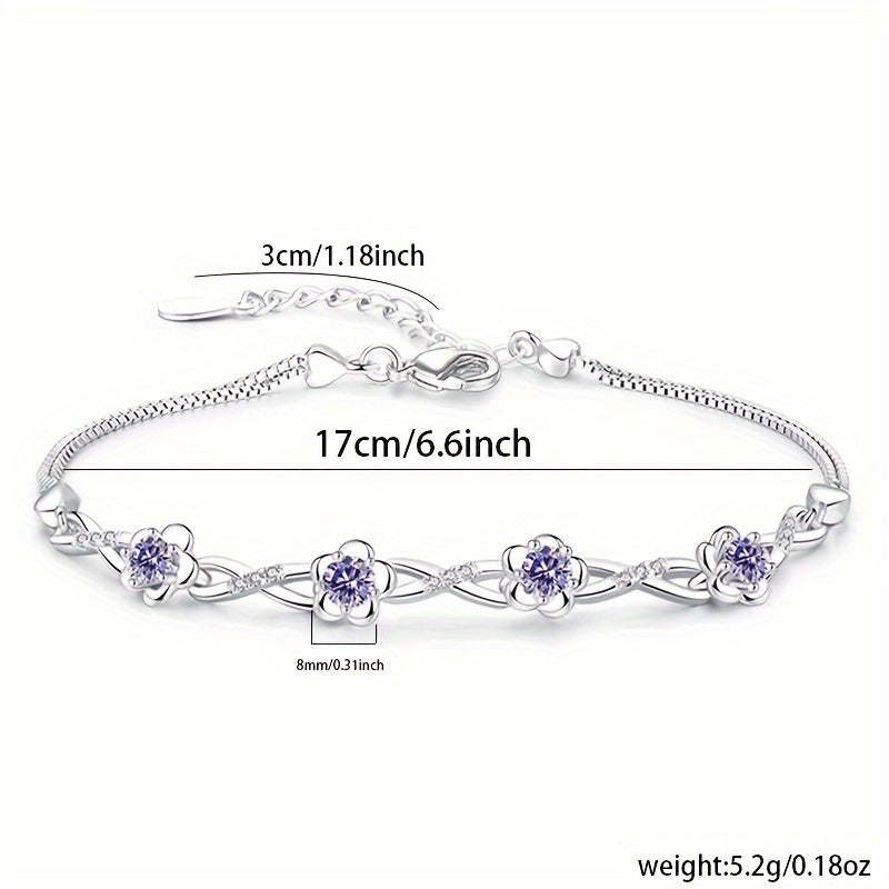 Silver Bracelet with Peach Blossom Design and Purple Zirconia for Women