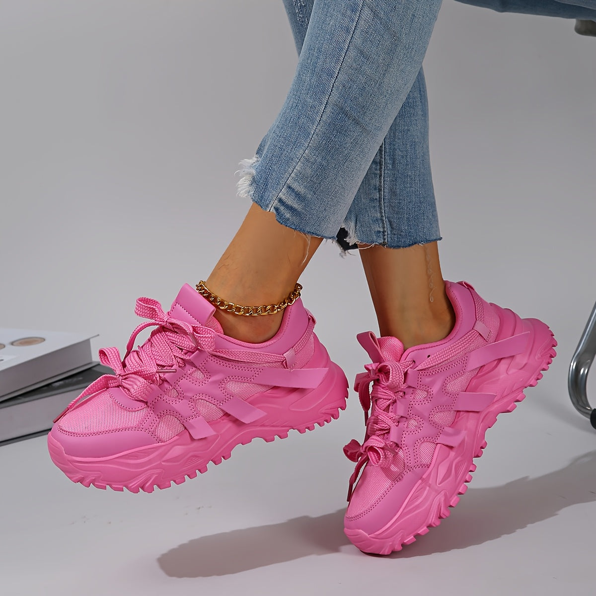 Women's Pink High-Top Sneakers with Lace-Up Design and Lightweight EVA Sole
