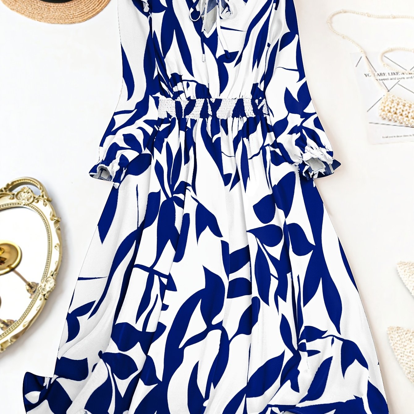 Plus Size V-Neck Dress with Puff Sleeves Pleated Fit and Flare All-Season