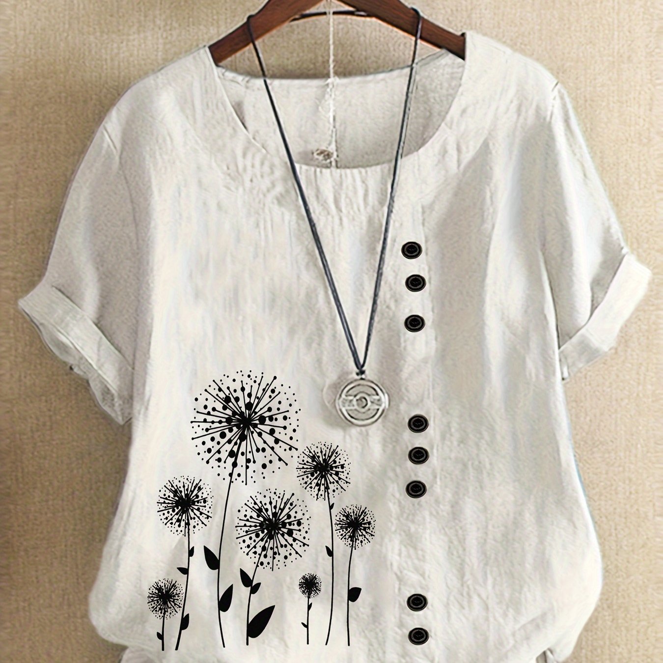 Women's Casual Short Sleeve T-Shirt Black White Floral Lightweight Breathable All-Season