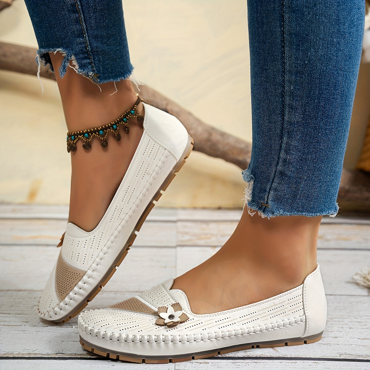 Women's Breathable Flat Shoes with Floral Embellishment and Bow in Beige