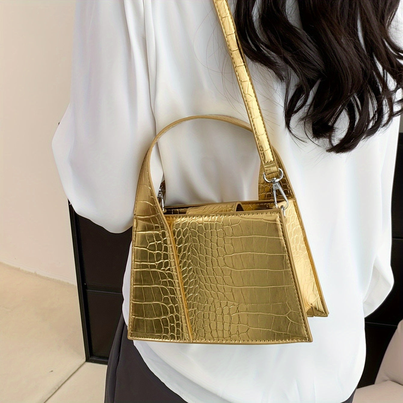 Crocodile Print Synthetic Leather Handbag with Snap Button Closure for Women