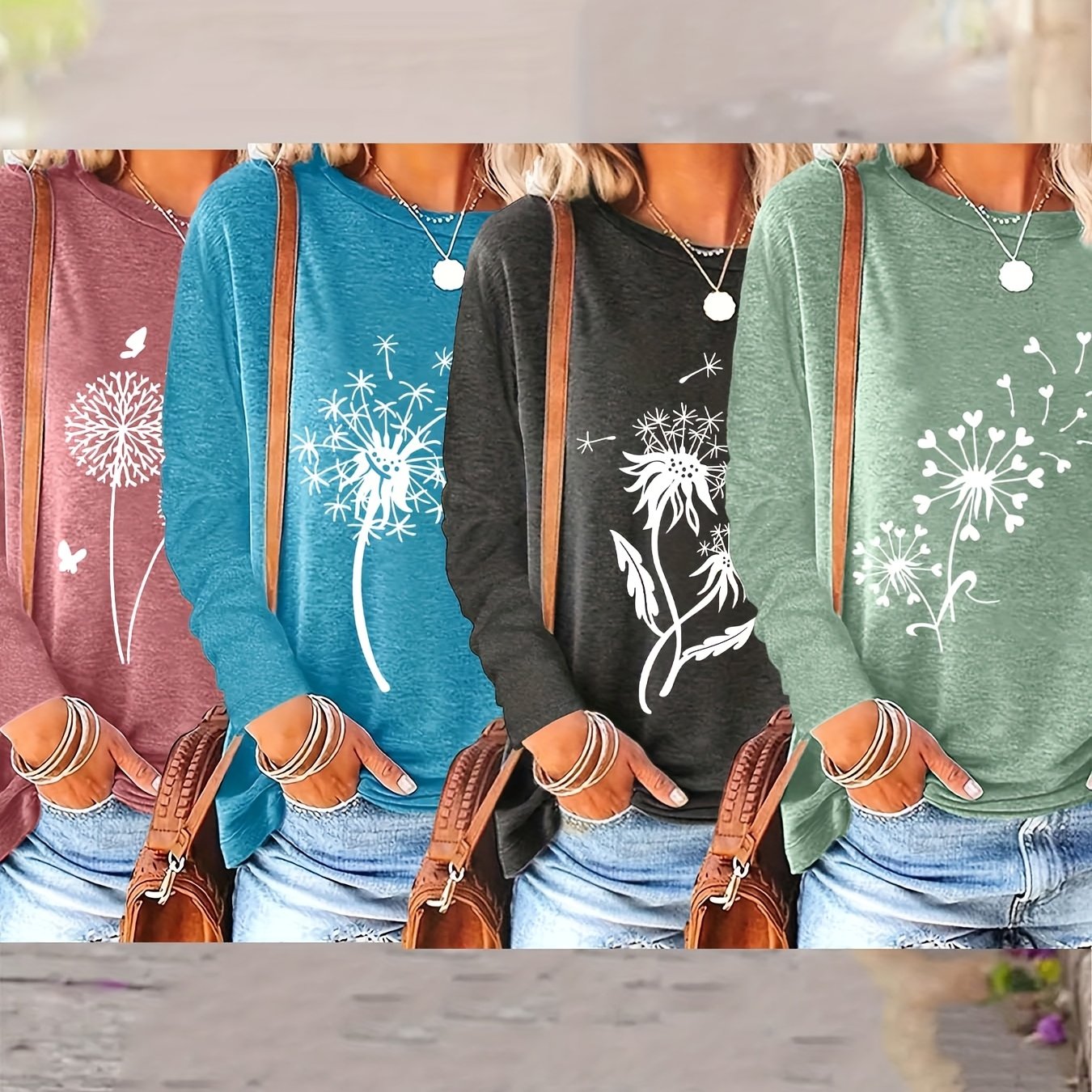 Women's Casual Floral Round Sleeve Blouse, Loose Fit, Spring Fall, Stretch Fabric