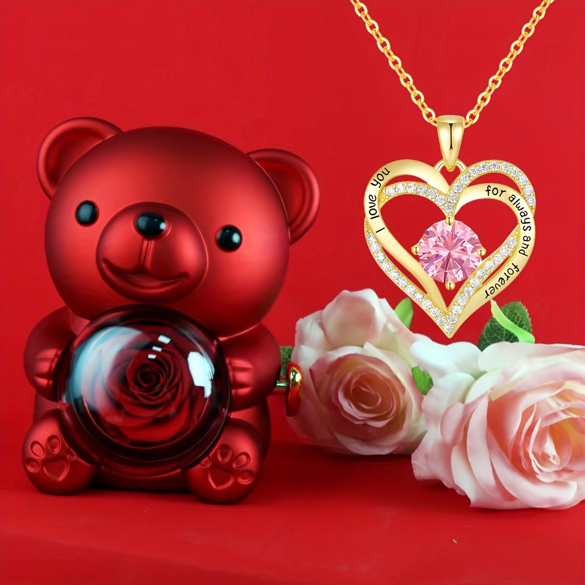Women’s Gold Plated Bear Pendant Necklace with Rose and Cubic Zirconia December Birthstone
