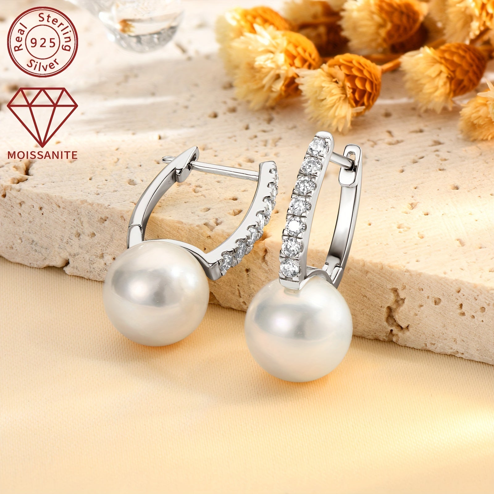 Women's Silver Pearl Earrings with Moissanite 9.5-10mm Freshwater White Pearls