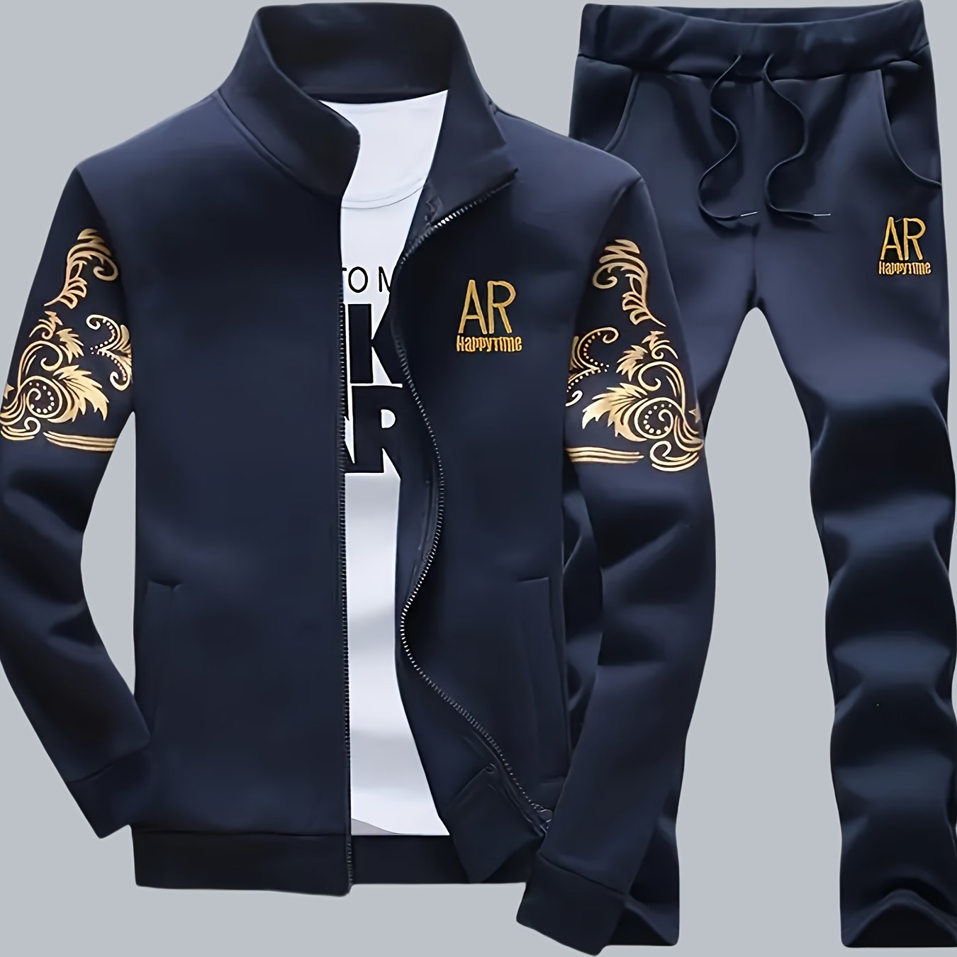 Men's Athletic Set with Stand Collar Zip-Up Jacket and Elastic Waist Joggers in Black and Gold Floral Pattern