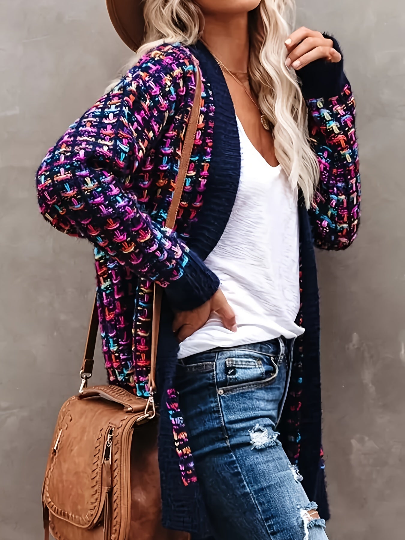 Ayollar uchun kengroq o'lchamli ko'p rangli ochiq old qopqog'li kardigan, kundalik uzun qo'lqopli trikotaj