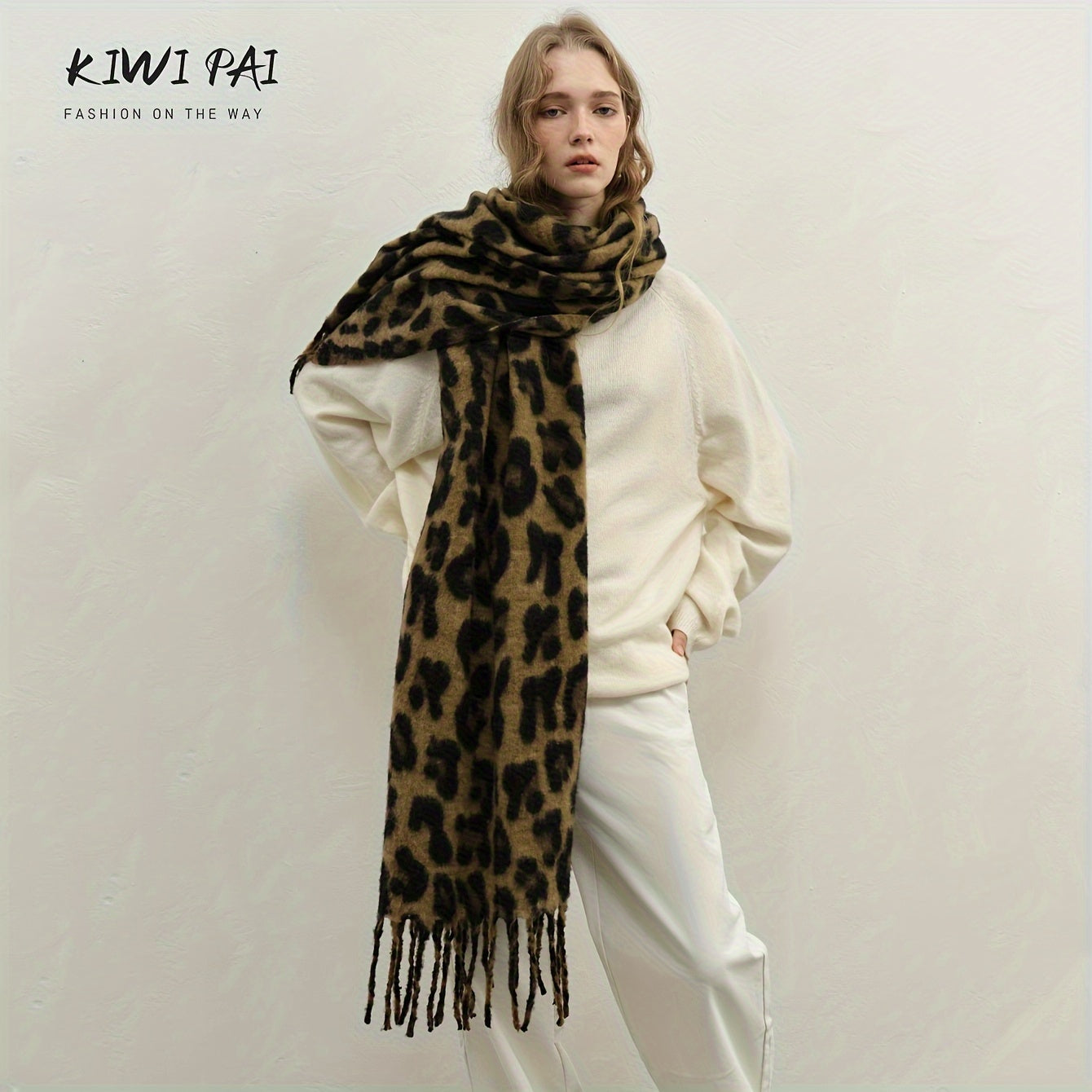 Leopard Print Scarf Cozy Thick Versatile Autumn Winter Polyester Khaki Brown Camel