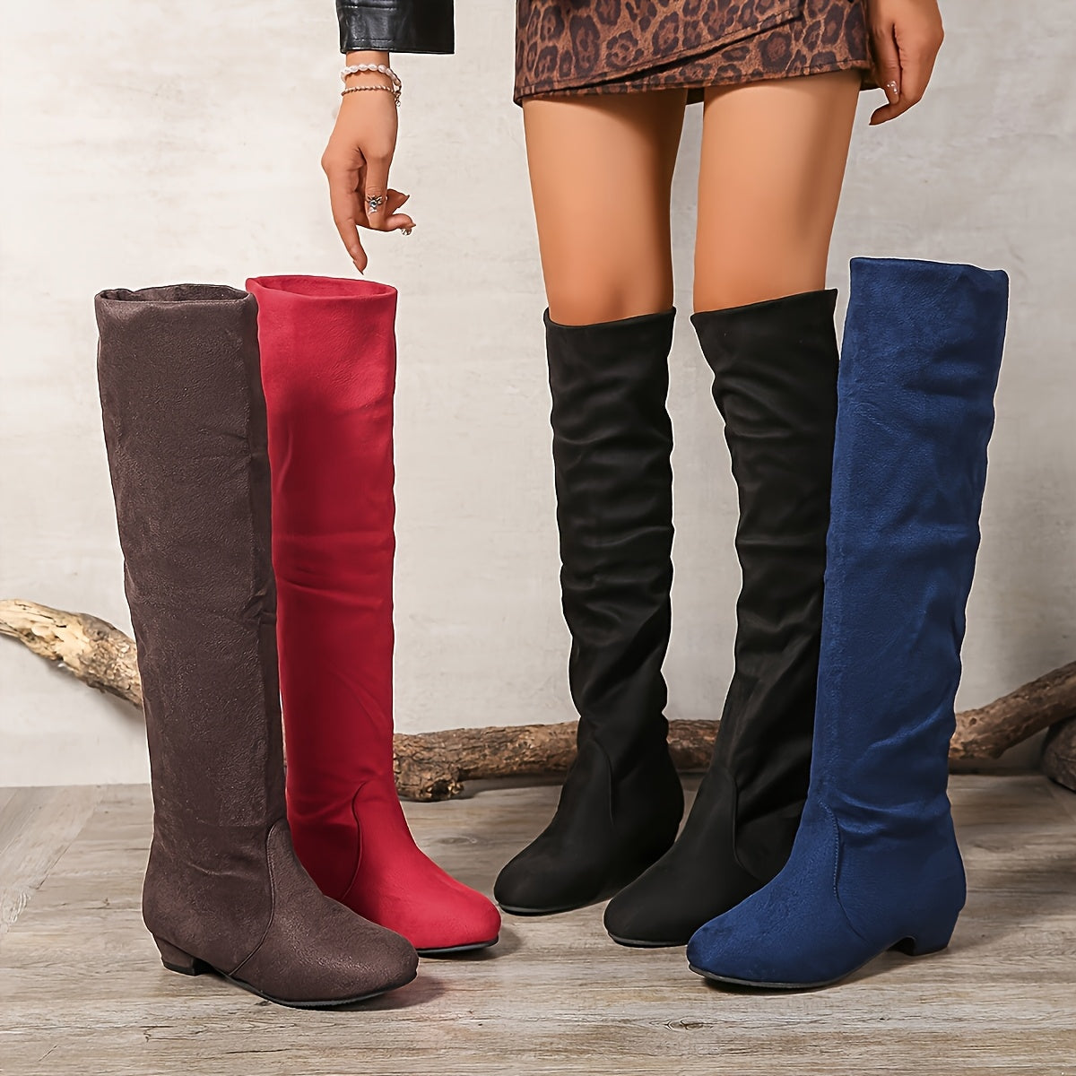 Women's Knee-High Boots Pull-On Low Block Heel Leather or Fabric Upper