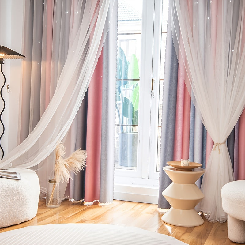 Blackout Curtains with Lace Sheer Tieback for Living Room and Bedroom Double-Layer Light Blocking