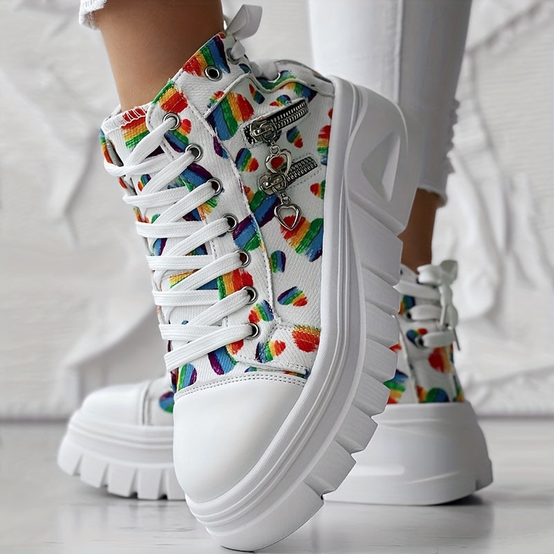 Women's Mid-Top Rainbow Heart Sneakers with Chunky Rubber Sole