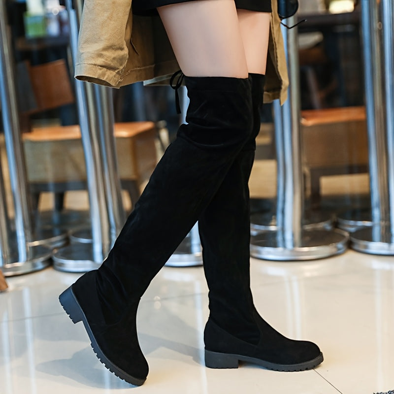 Women Black Fleece-Lined Over-the-Knee Boots Mid-Heel Round Toe Winter Footwear