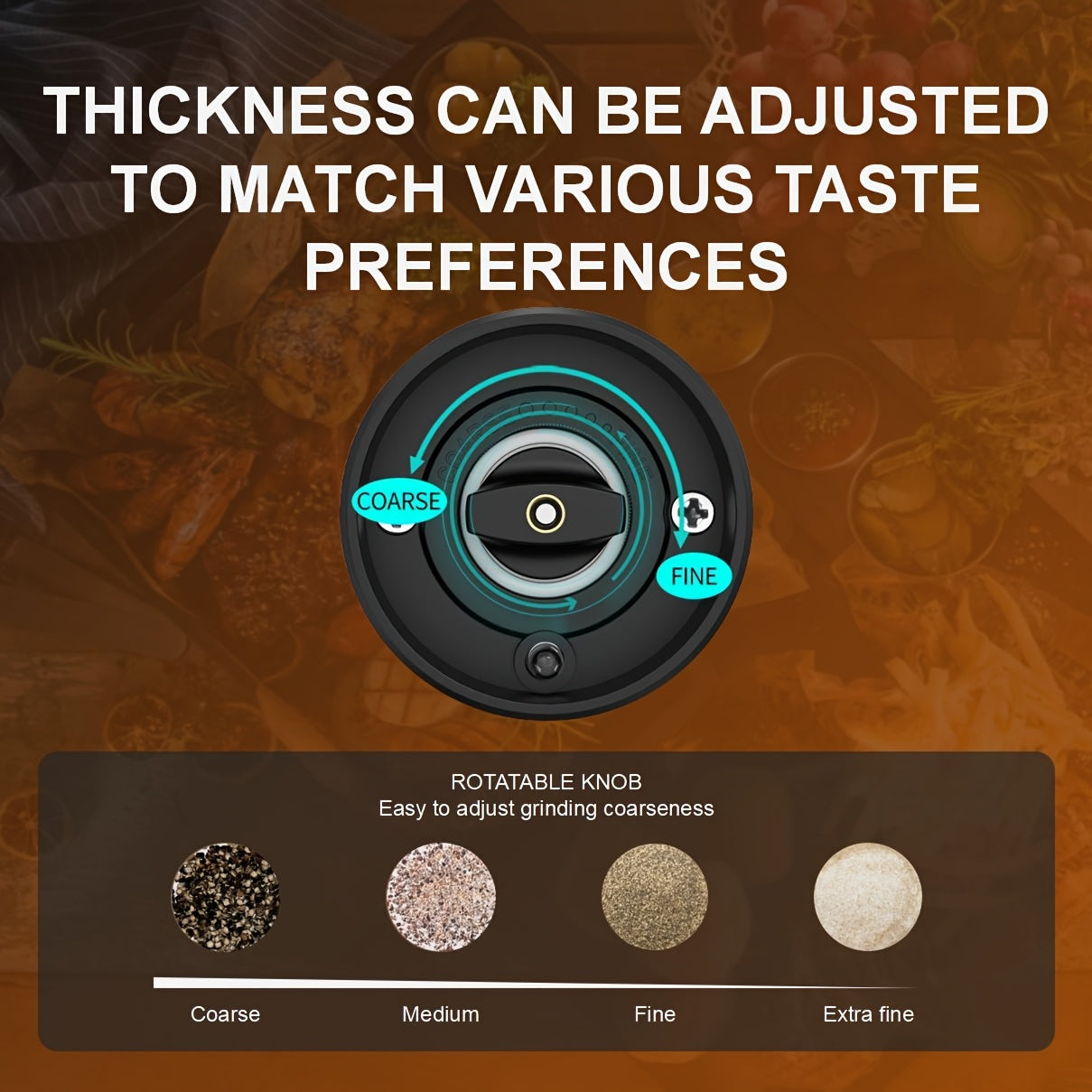 Batareya bilan ishlaydigan ziravorlarni maydalash uchun maydalagich, sozlanadigan qattiqlik, shaffof konteyner, bitta bosish bilan maydalash